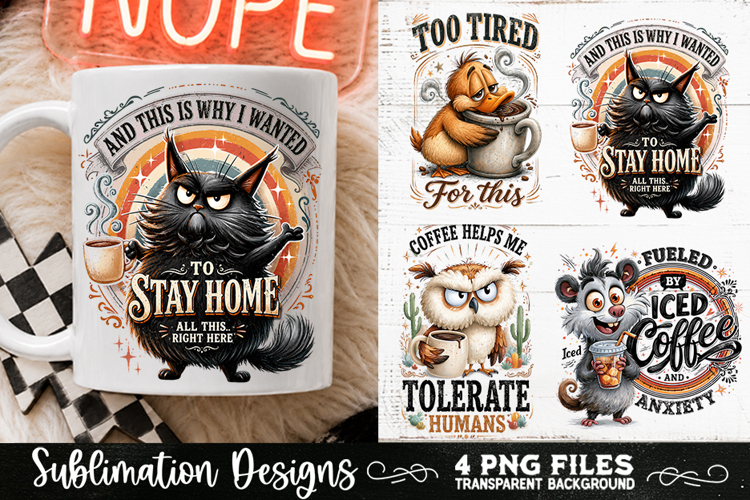 Funny Coffee Animals PNG Sublimation Designs 4 Files