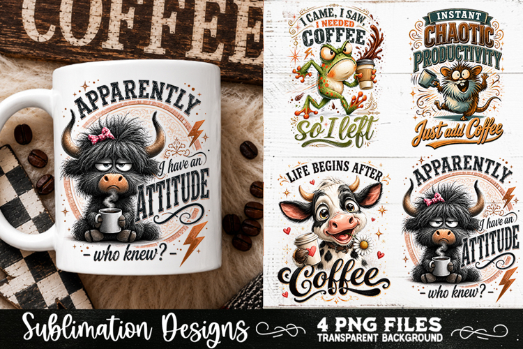 Funny Coffee Animals PNG Sublimation Designs 4 Files