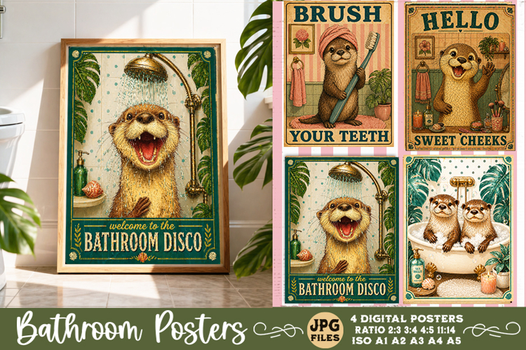Bathroom funny animals posters, Retro 4 Posters JPG Bathroom
