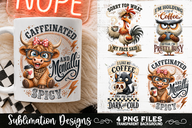 Funny Coffee Animals PNG Sublimation Designs 4 Files