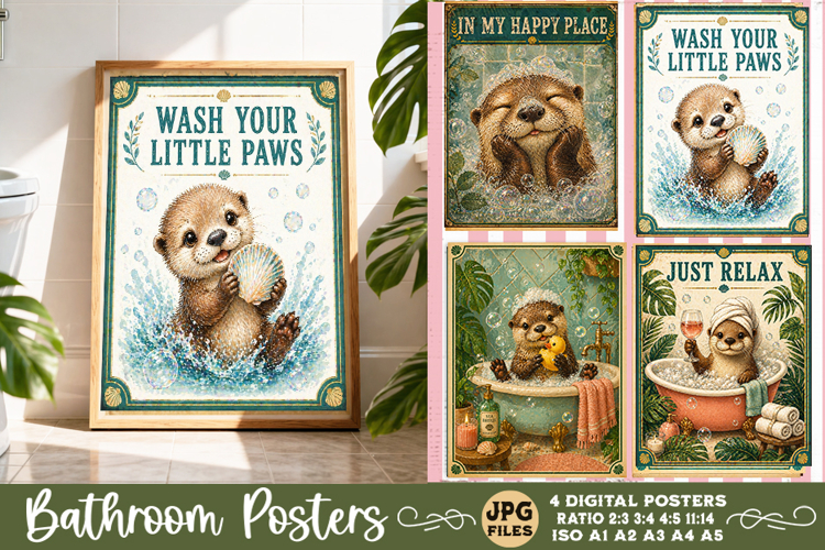 Bathroom funny animals posters, Retro 4 Posters JPG Bathroom