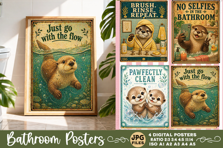 Bathroom funny animals posters, Retro 4 Posters JPG Bathroom