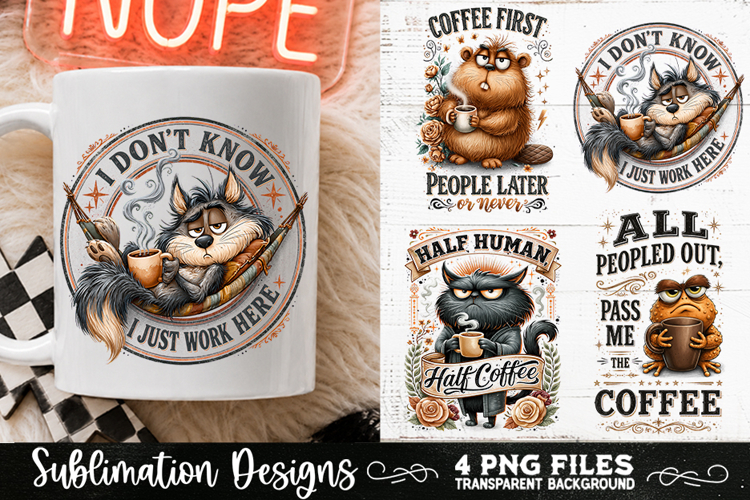Funny Coffee Animals PNG Sublimation Designs 4 Files
