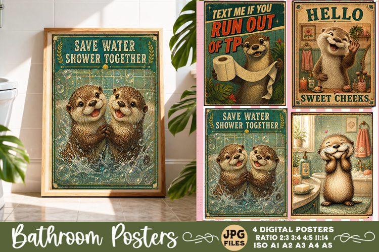 Bathroom funny animals posters, Retro 4 Posters JPG Bathroom