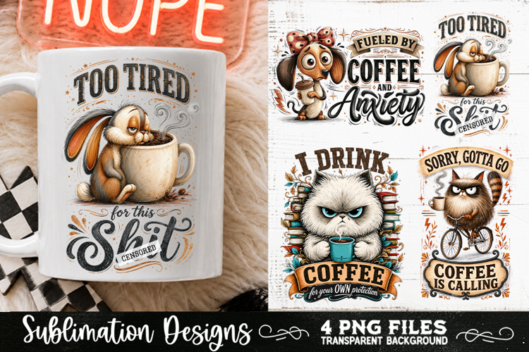Funny Coffee Animals PNG Sublimation Designs 4 Files