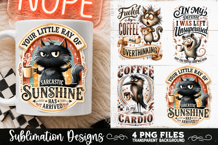 Funny Coffee Animals PNG Sublimation Designs 4 Files