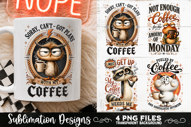Funny Coffee Animals PNG Sublimation Designs 4 Files
