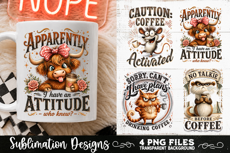 Funny Coffee Animals PNG Sublimation Designs 4 Files