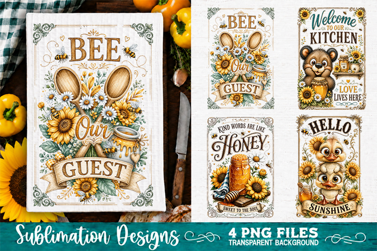 Sunflower Kitchen Towels PNG Sublimation Designs 4 Files