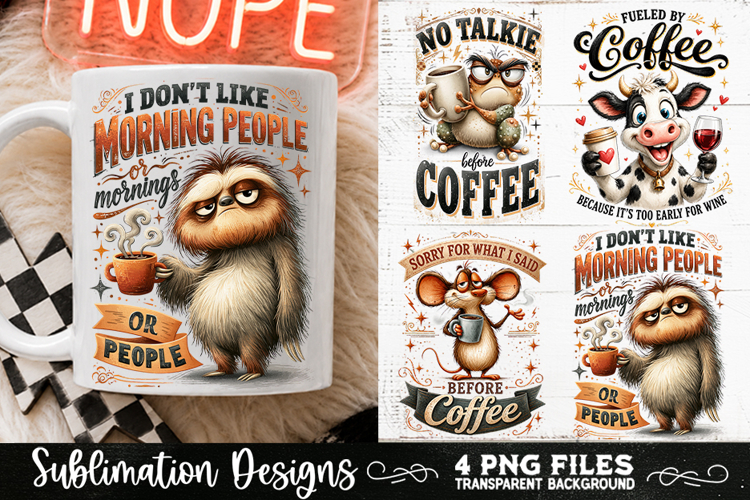 Funny Coffee Animals PNG Sublimation Designs 4 Files
