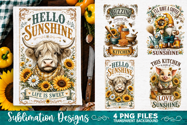 Sunflower Kitchen Towels PNG Sublimation Designs 4 Files