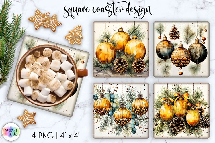 Watercolour Square Coasters | Christmas Ornaments example image 1