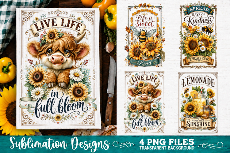 Sunflower Kitchen Towels PNG Sublimation Designs 4 Files