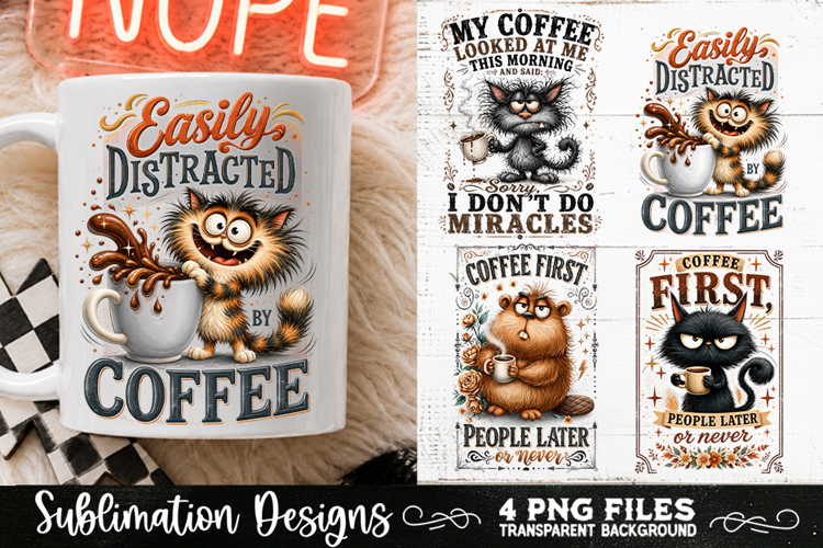 Funny Coffee Animals PNG Sublimation Designs 4 Files