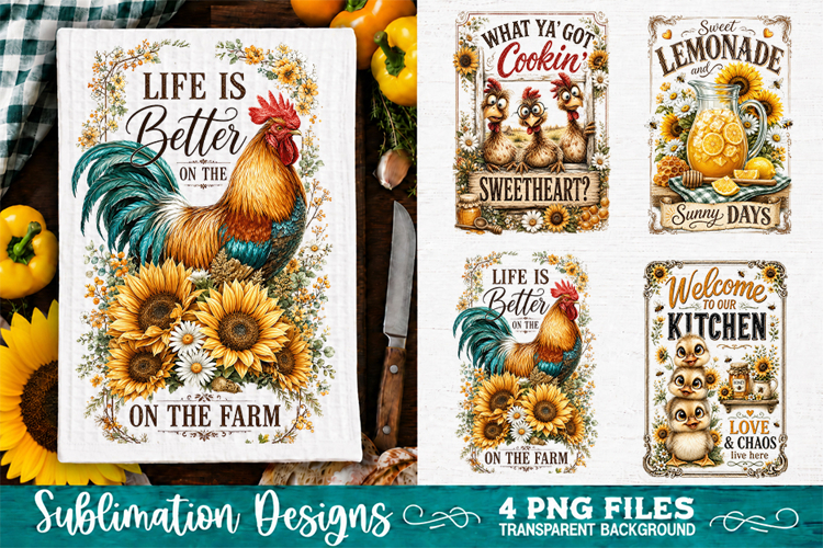 Sunflower Kitchen Towels PNG Sublimation Designs 4 Files