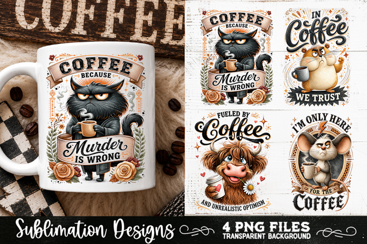 Funny Coffee Animals PNG Sublimation Designs 4 Files