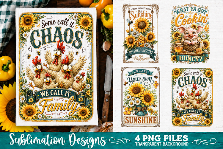 Sunflower Kitchen Towels PNG Sublimation Designs 4 Files