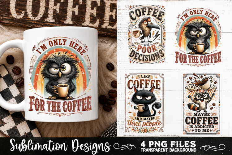 Funny Coffee Animals PNG Sublimation Designs 4 Files