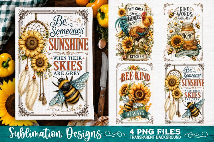 Sunflower Kitchen Towels PNG Sublimation Designs 4 Files