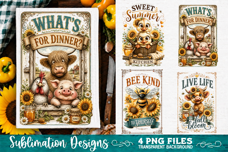 Sunflower Kitchen Towels PNG Sublimation Designs 4 Files