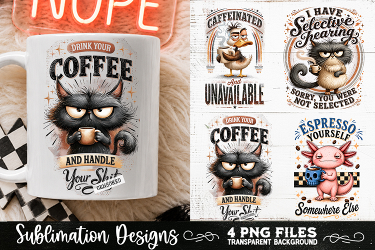 Funny Coffee Animals PNG Sublimation Designs 4 Files