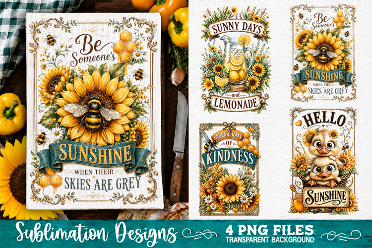 Sunflower Kitchen Towels PNG Sublimation Designs 4 Files