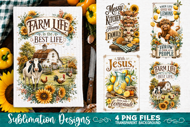 Sunflower Kitchen Towels PNG Sublimation Designs 4 Files