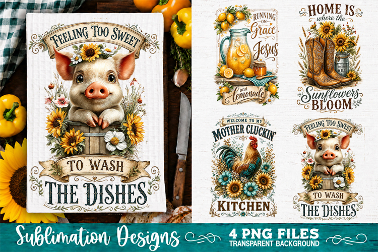 Sunflower Kitchen Towels PNG Sublimation Designs 4 Files