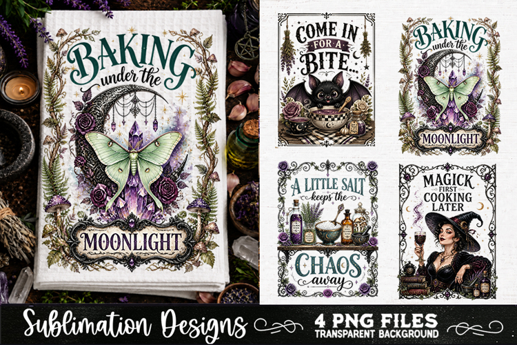 Magic Witchy Kitchen Towels PNG Sublimation Designs 4 Files