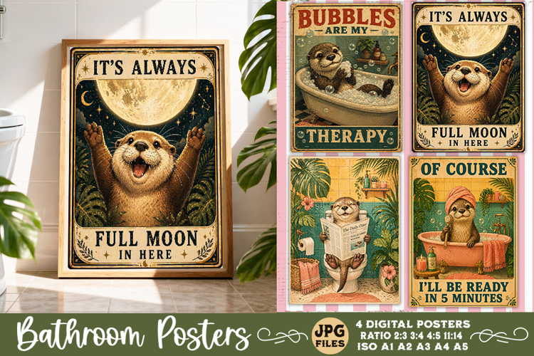 Bathroom funny animals posters, Retro 4 Posters JPG Bathroom