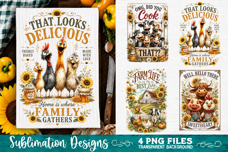 Sunflower Kitchen Towels PNG Sublimation Designs 4 Files