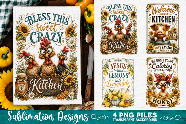 Sunflower Kitchen Towels PNG Sublimation Designs 4 Files