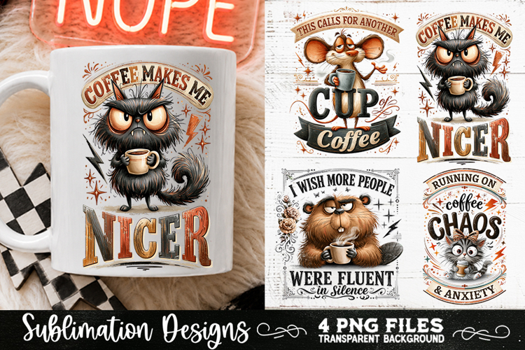 Funny Coffee Animals PNG Sublimation Designs 4 Files