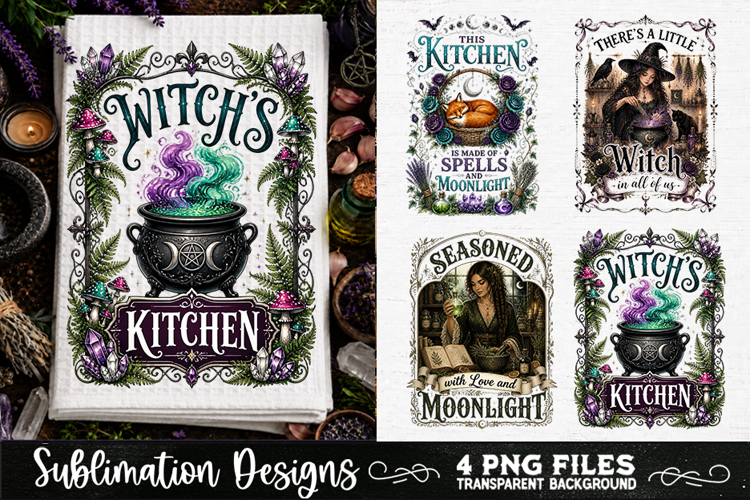 Magic Witchy Kitchen Towels PNG Sublimation Designs 4 Files