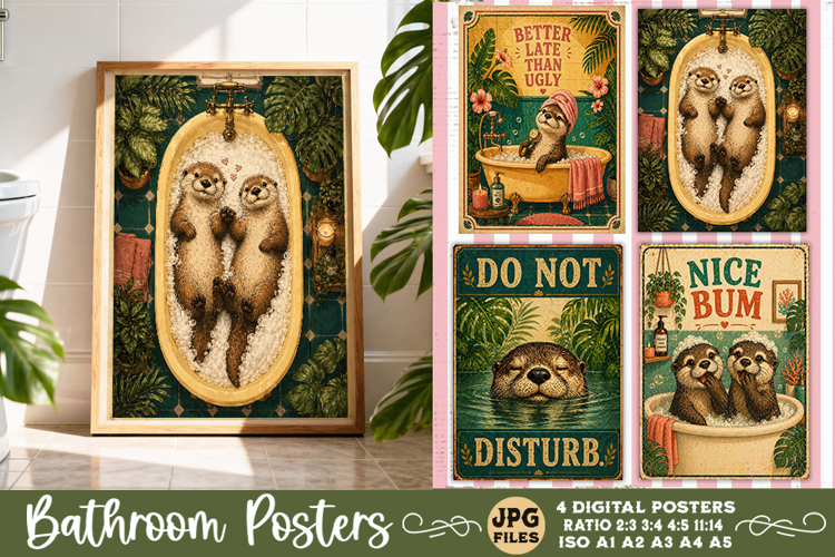 Bathroom funny animals posters, Retro 4 Posters JPG Bathroom