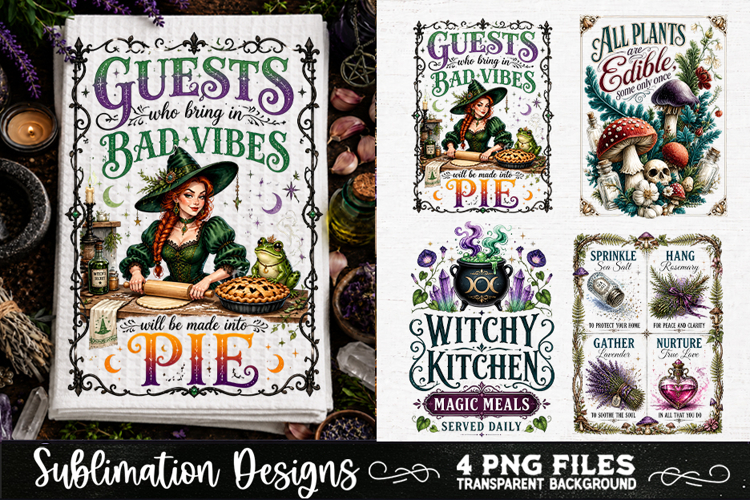 Magic Witchy Kitchen Towels PNG Sublimation Designs 4 Files