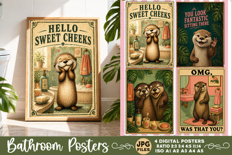Bathroom funny animals posters, Retro 4 Posters JPG Bathroom