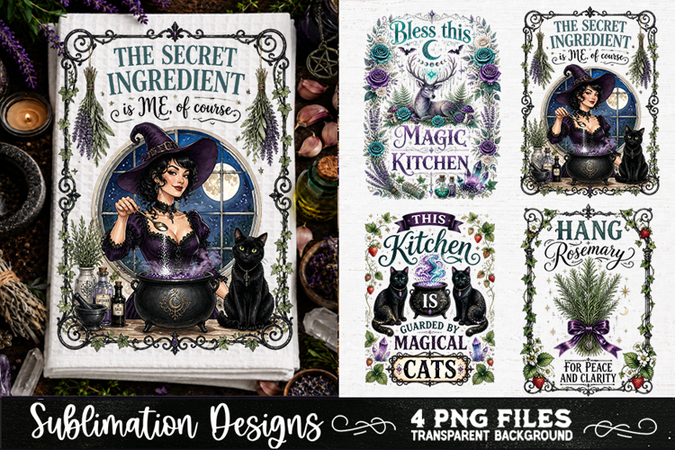 Magic Witchy Kitchen Towels PNG Sublimation Designs 4 Files