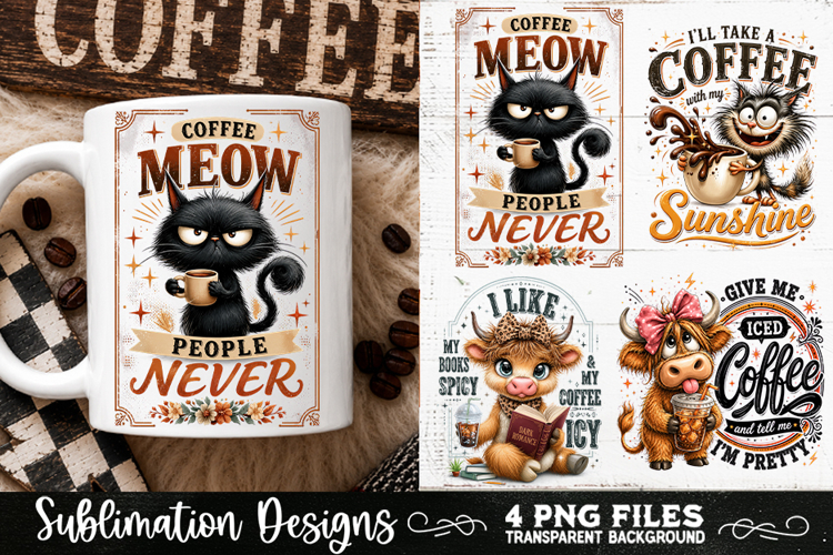 Funny Coffee Animals PNG Sublimation Designs 4 Files