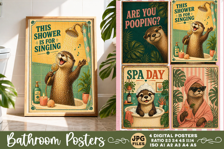 Bathroom funny animals posters, Retro 4 Posters JPG Bathroom