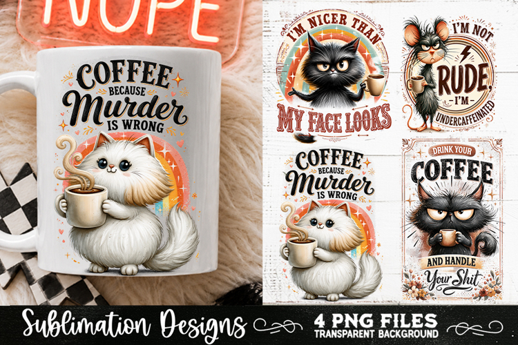 Funny Coffee Animals PNG Sublimation Designs 4 Files