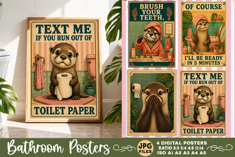 Bathroom funny animals posters, Retro 4 Posters JPG Bathroom