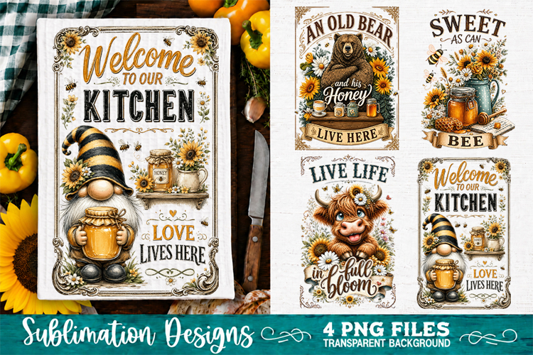 Sunflower Kitchen Towels PNG Sublimation Designs 4 Files example image 1