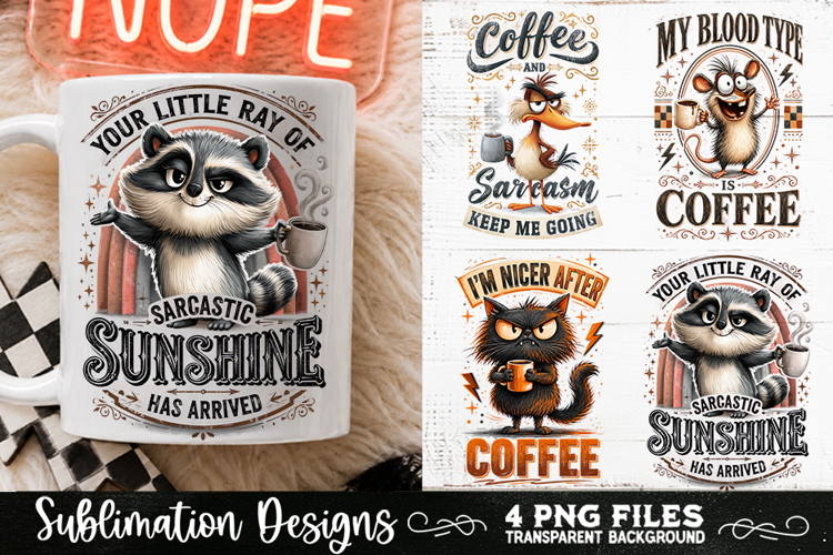 Funny Coffee Animals PNG Sublimation Designs 4 Files