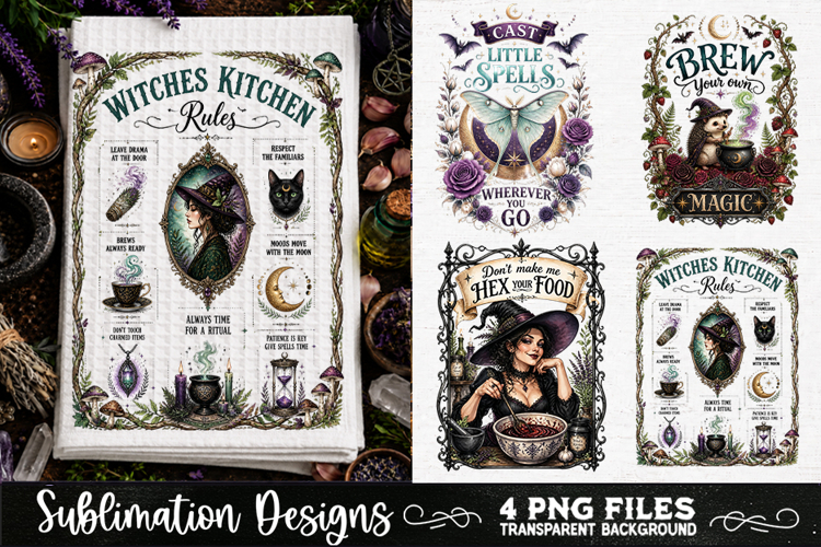 Magic Witchy Kitchen Towels PNG Sublimation Designs 4 Files