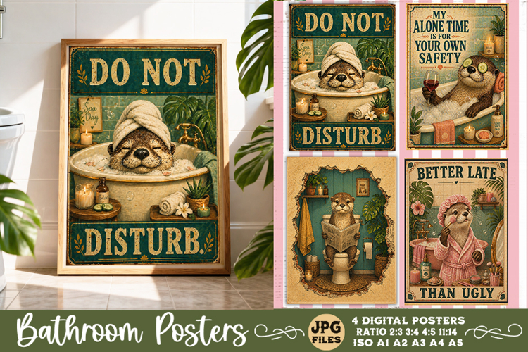 Bathroom funny animals posters, Retro 4 Posters JPG Bathroom