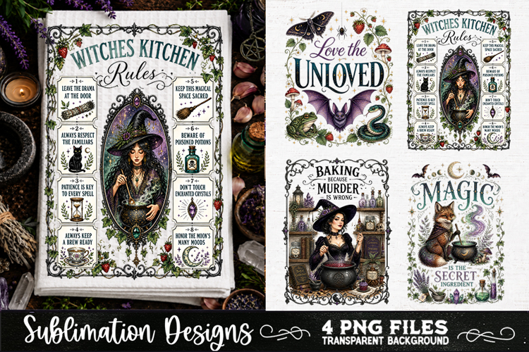 Magic Witchy Kitchen Towels PNG Sublimation Designs 4 Files