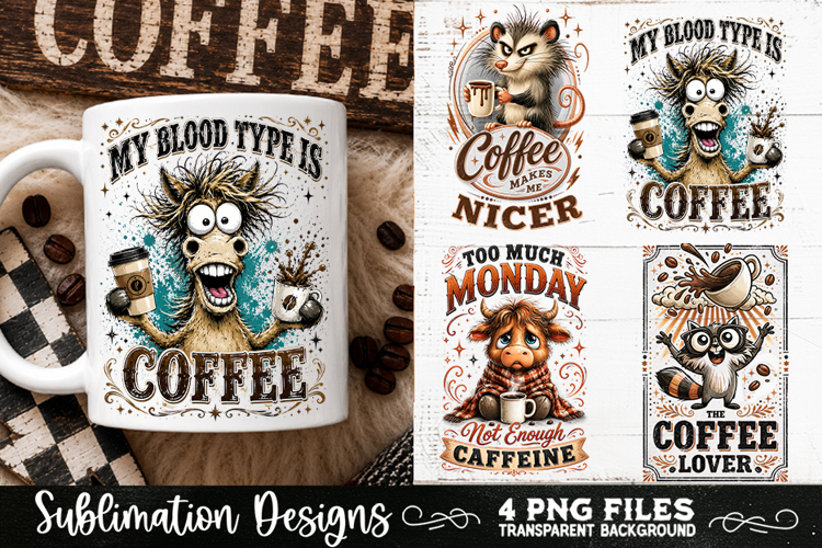 Funny Coffee Animals PNG Sublimation Designs 4 Files