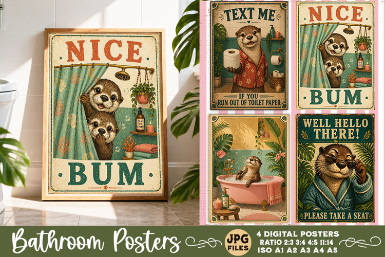 Bathroom funny animals posters, Retro 4 Posters JPG Bathroom