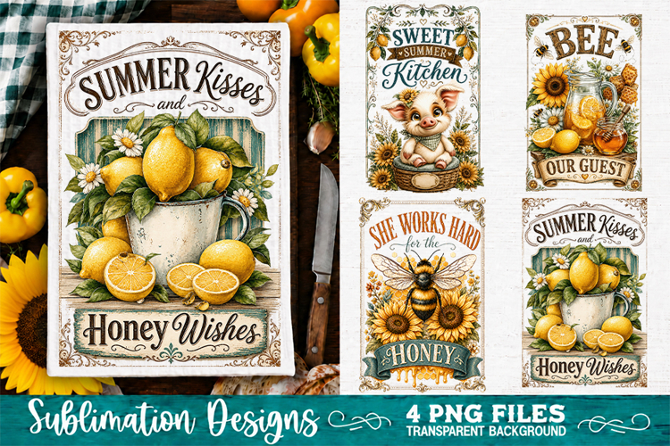 Sunflower Kitchen Towels PNG Sublimation Designs 4 Files